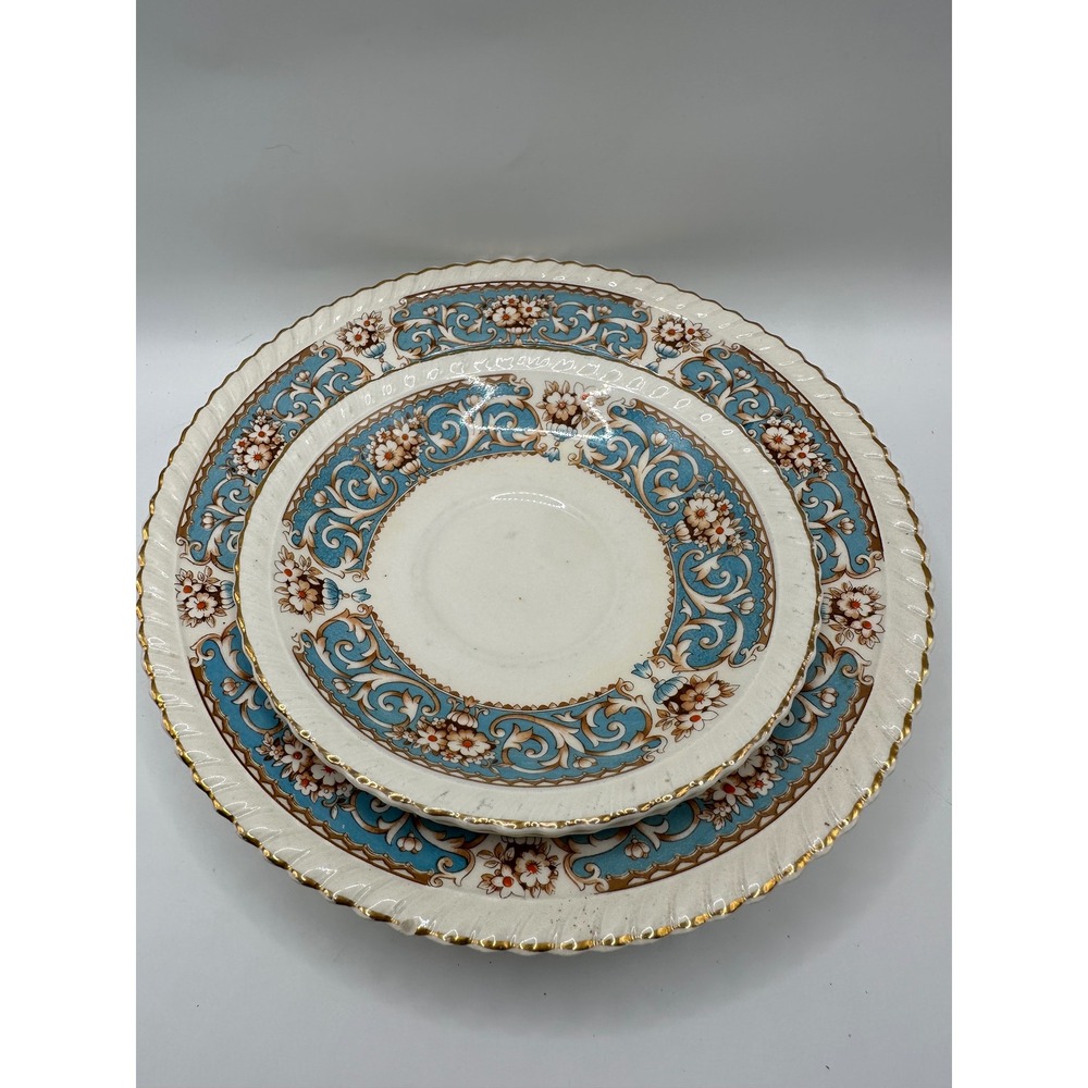 Johnson Bros Old English Turquoise Floral Soup Bowl and Saucer Set Gold Trim